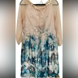 Silk floral long sleeve drawstring dress